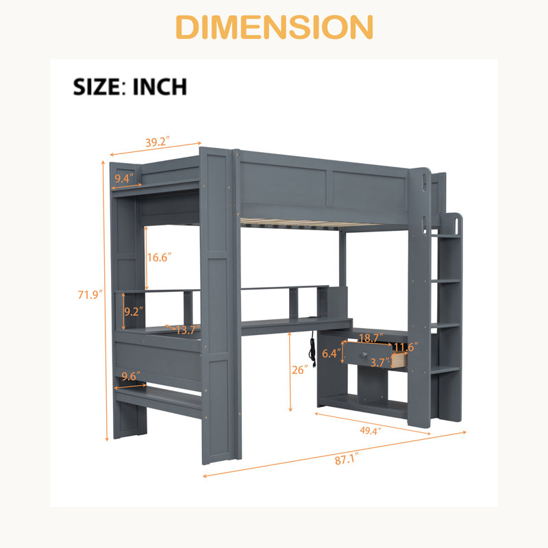 Lit mezzanine en bois avec bureau, tablettes multiples, DEL et station de charge, Lit simple