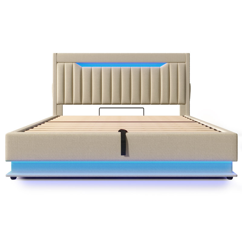 Upholstered Ottoman Storage Bed, Beige, Double (4'6)