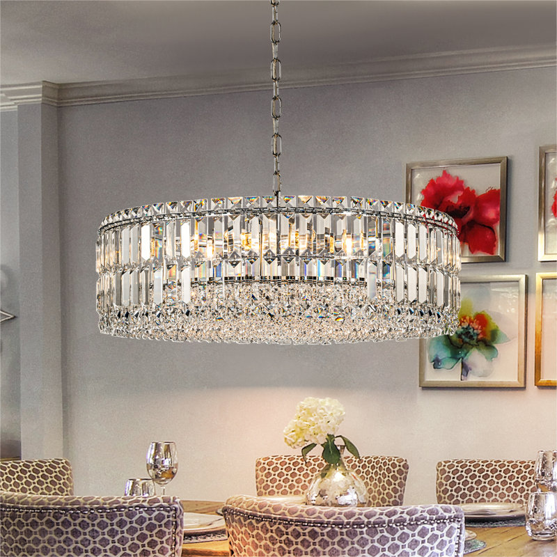 Lustre tambour en cristal 8 lumières Gormady, Chrome, H 8,9 po x l 23,6 po x P 23,6 po, 8