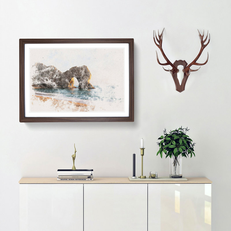 Durdle Door Cliffs at Sunset - Picture Frame Painting Print, Walnut Framed, 24cm H x 33cm W x 2cm D