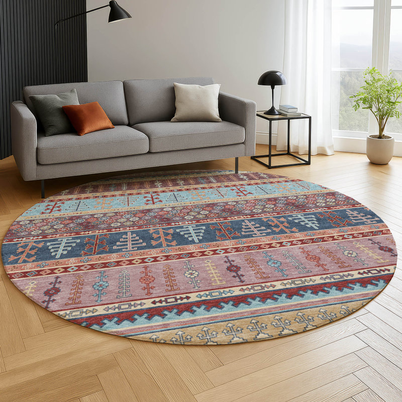 Premium Machine Washable Mayfield AMF2160 Striped Rug, Red, Round 8'