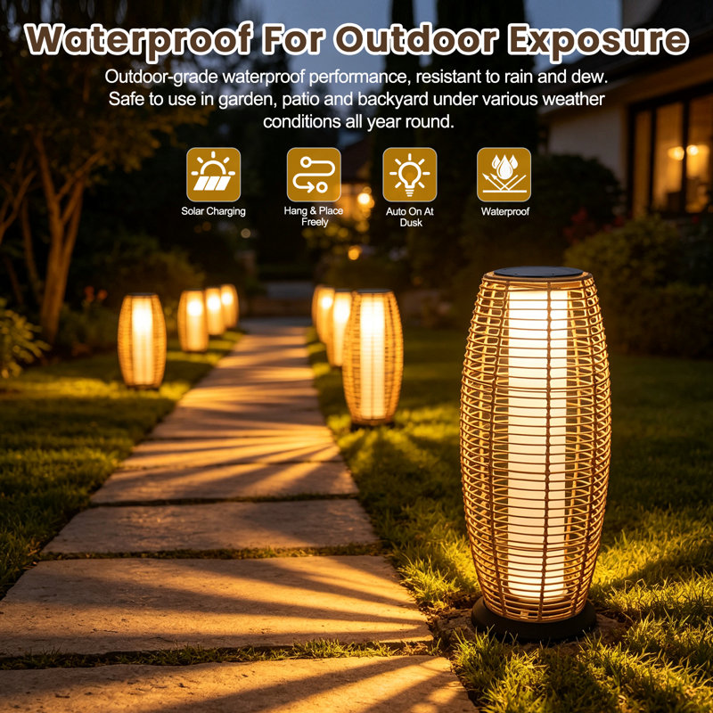 Tall Woven Rattan Solar Floor Lantern, IP65 Waterproof Ambient Outdoor Light, Solar & USB Dual Charging, 1012H Runtime, Freestanding Decor Lamp for Patio Backyard Garden Porch
