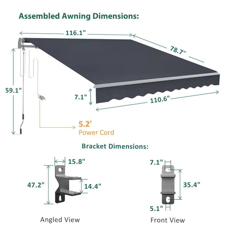Auvents de patio rétractables électriques 10 x 8 pi, auvent d'extérieur avec télécommande, 110.6"W x 78.7"D, Dark Grey