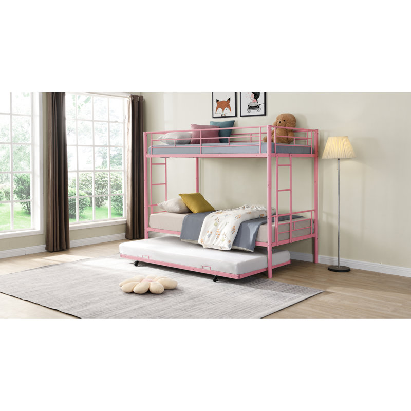 Lit superposé en métal avec lit gigogne rose - Délice de chambre à coucher moderne, conception d'espace, construction durable, fonctionnement silencieux et stable, grande capacité de charge, escalier sécuritaire inclus, lit simple
