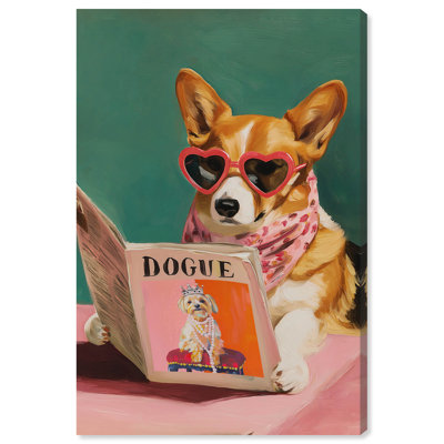 Corgi and Her Magazine Canvas Print Pink Wall Decor by Art Remedy, Gallery Wrapped, 30 x 45