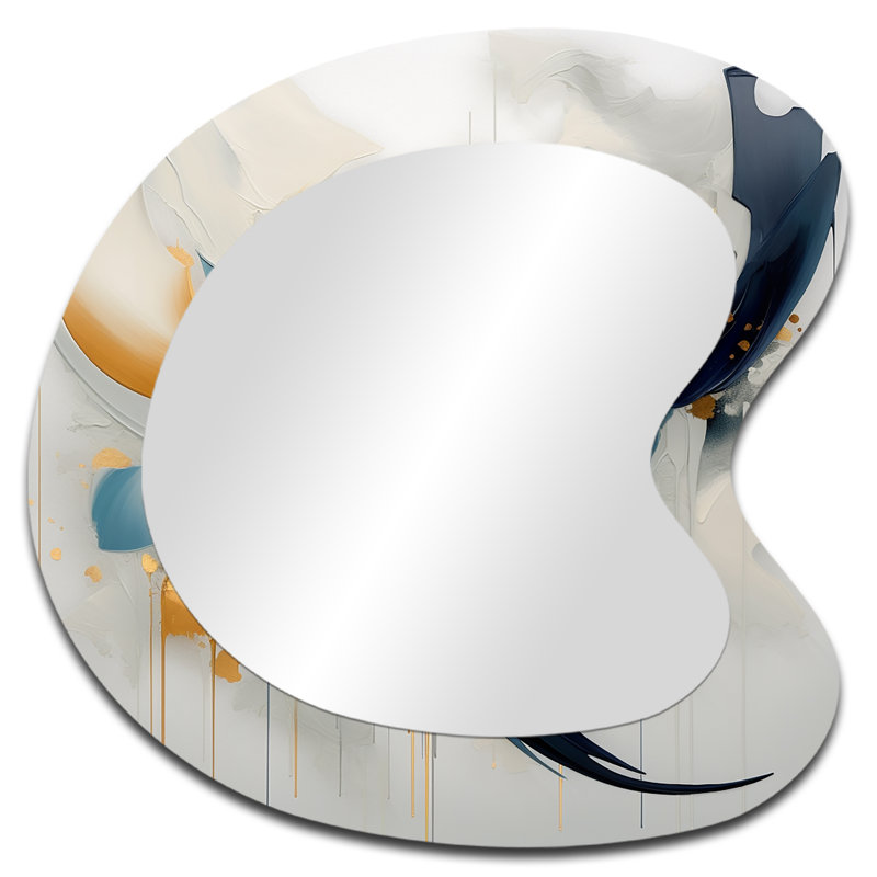 Fitim Abstract golden blue Whirls of serenity I - Fractal Asymmetrical Decorative Wall Mirror, Gold Unique Shape Large Mirror, Printed Metal Art