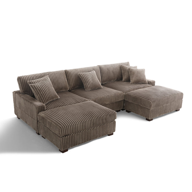 5 Seater Sectional, Light Brown Polyester/Foam Padding