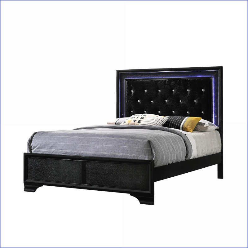 Grand lit plateforme tapissier en bois avec tête de lit capitonnée à DEL pour grand lit