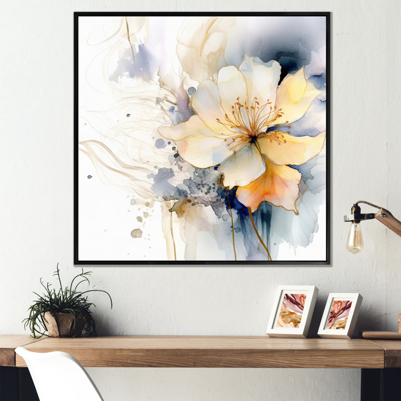Harmonie jaune et bleu dans le chaos I - impressions florales encadrées, H 30 po x l 30 po x P 1 po, Cadre flottant noir