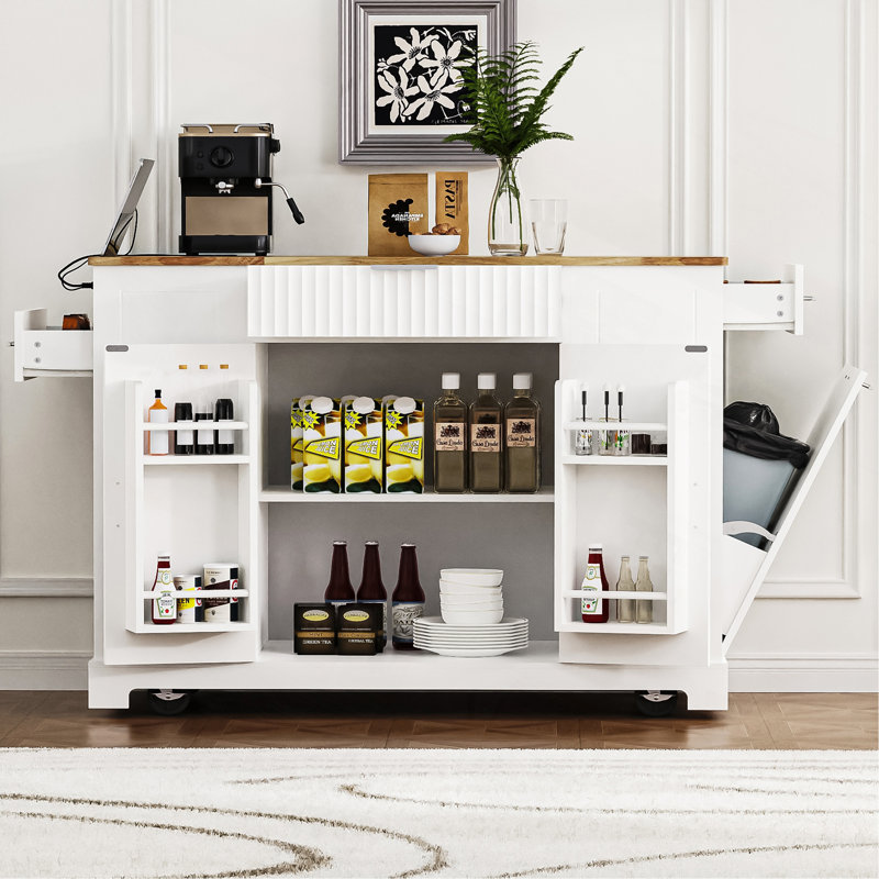 Rolling Kitchen Island with Wood Top & Trash Can Storage Cabinet,Kitchen Islands Cart On 5 Wheels, White