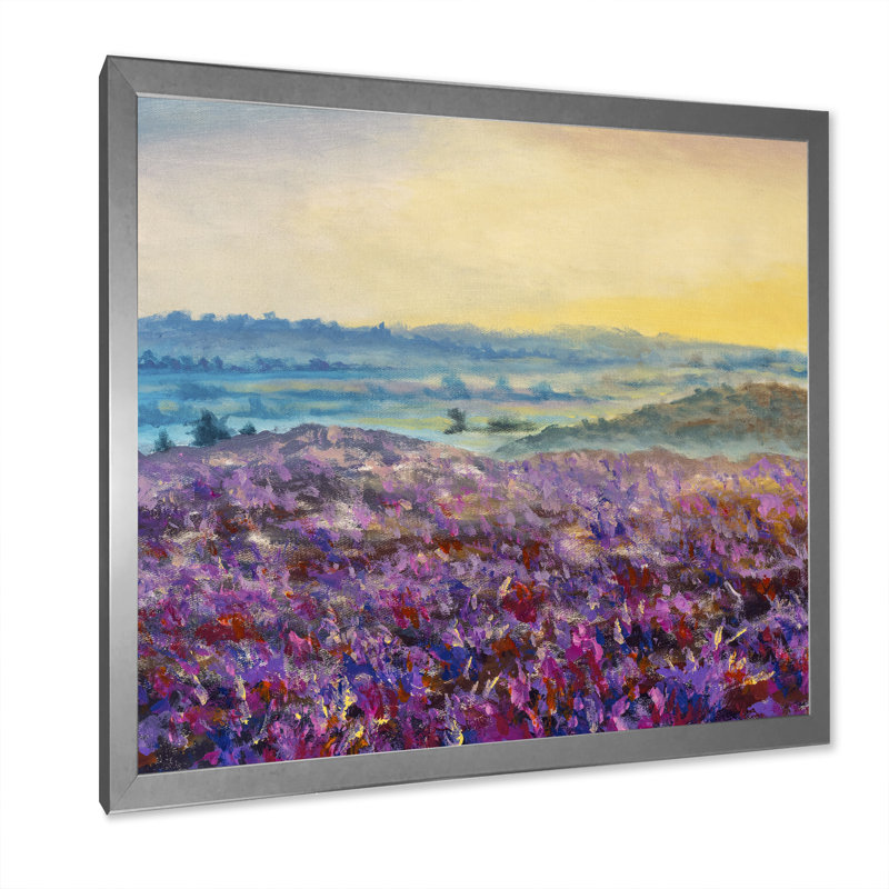 Lever de soleil sur la lavande - Peinture, L 36 po x H 36 po, Impression argent sur toile encadrée