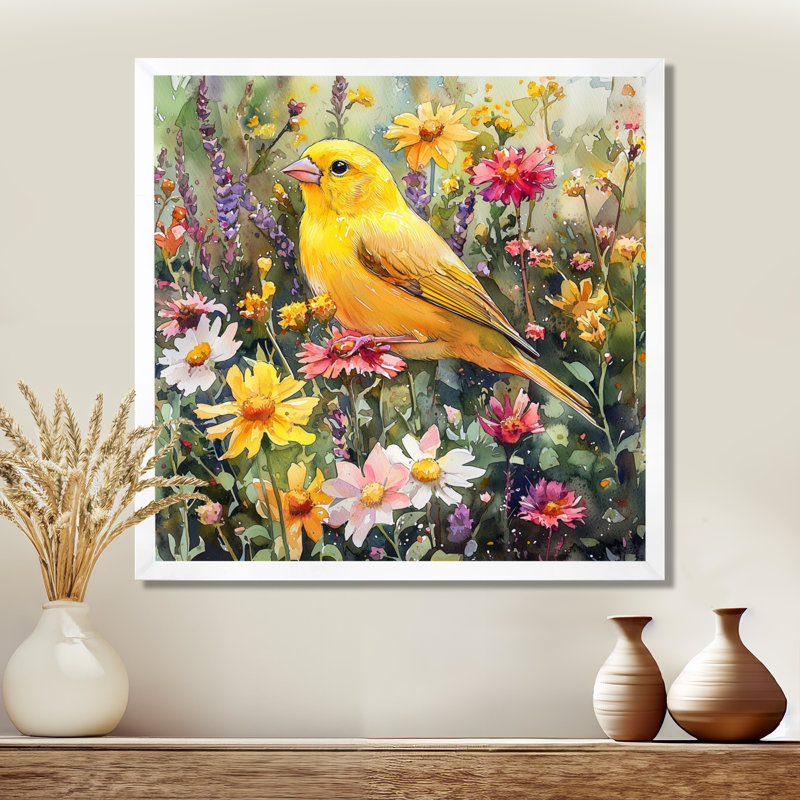 Oiseau pinson dans les fleurs sauvages II - Art mural oiseau, Reproduction encadrée d'une seule photo, H 30 po x l 30 po