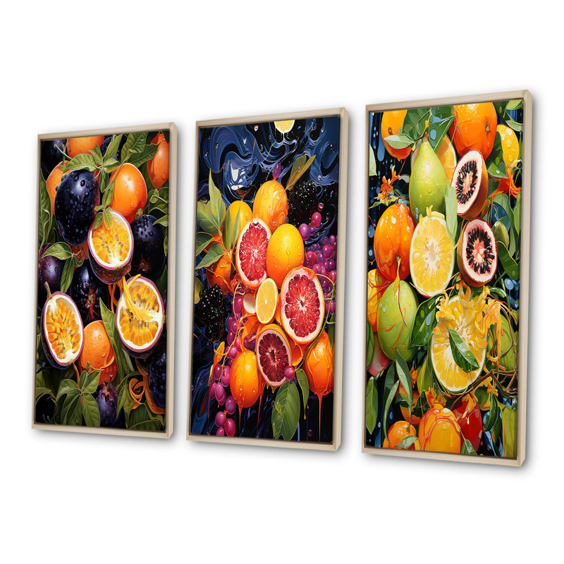 Electric Ebony Passionfruit Pulse - fruits, ensemble de 4 reproductions d'art sur toile, Cadre flottant brun