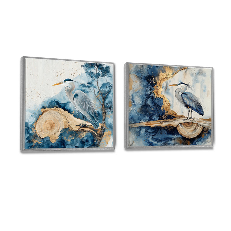 Héron à l'encre de chine dorée paysage II - héron, art mural de décoration murale, 30" H x 61" W, Floater Framed, Silver