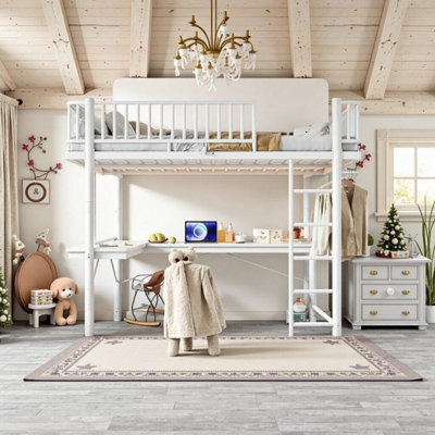 Metal Loft Bed With L-Shaped Desk, Charging Station & Storage, Space-Saving Design For Adults & Teens