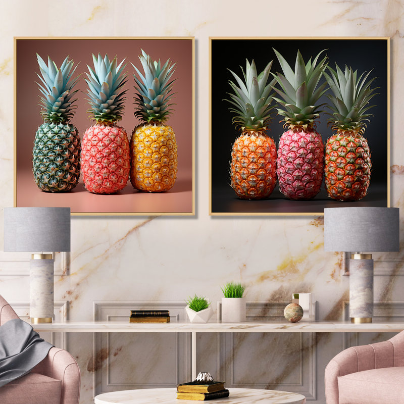 Ensemble de 2 reproductions d'art pastel couleur ananas Delight I - ananas, Cadre flottant brun, H 36 po x l 73 po x P 1,5 po