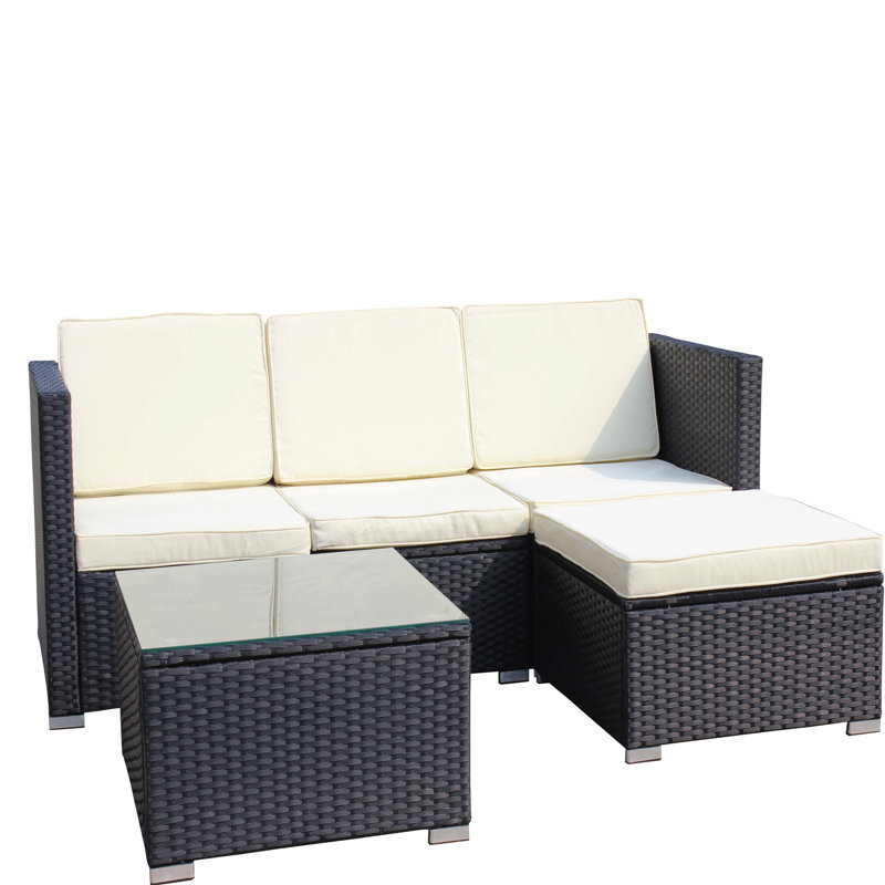 Solution pour l'extérieur: PE, coussins beiges, table: coussins et verre trempé