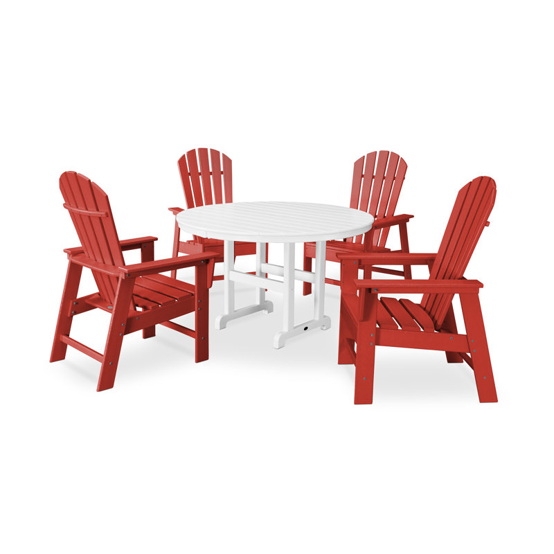 POLYWOOD South Beach 5-Piece Round Farmhouse Dining Set, Sunset Red/White