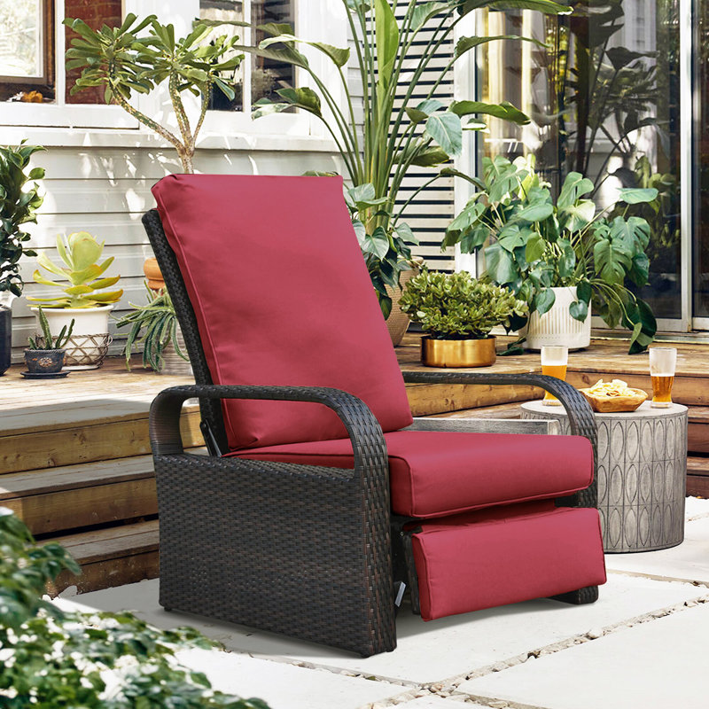 Outdoor all-weather aluminum+PE wicker adjustable recliner patio chair with cushion, Red, Black