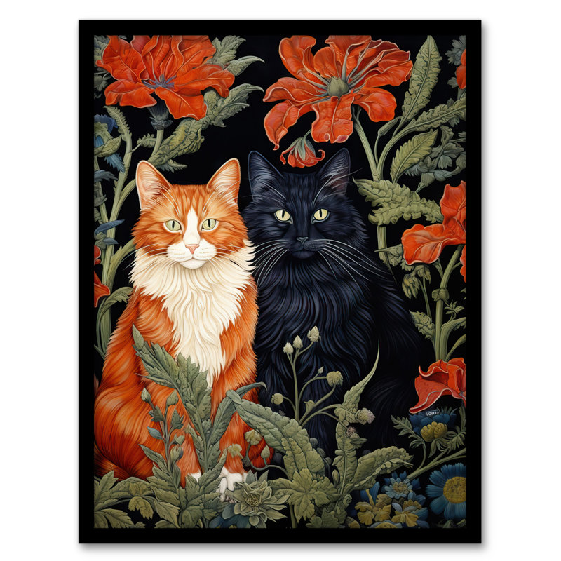 Fluffy Ginger and Black Flower Cats Amongst Red Blooms 1 Piece Single Picture Frame Wall Art