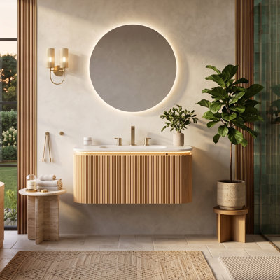 Meuble-lavabo flottant moderne 30/36/48 po avec lavabo en pierre frittée, armoire en contreplaqué et 1 tiroir, options 1/3 trou (bois naturel)