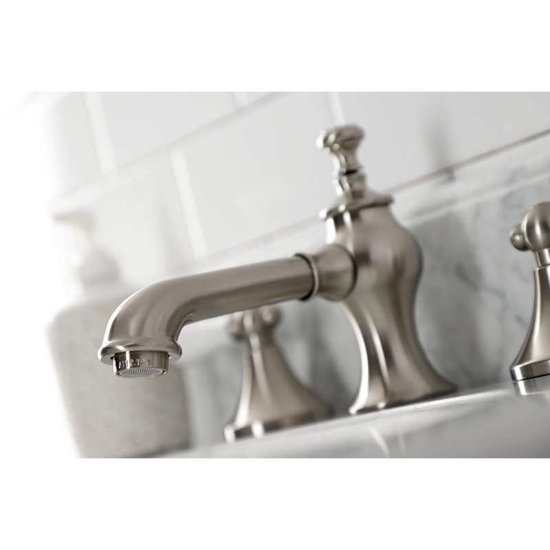 Kingston Brass Vintage Two-Handle 3-Hole Deck Mount Widespread Bathroom Faucet with Brass Pop-Up Drain, Brushed Nickel