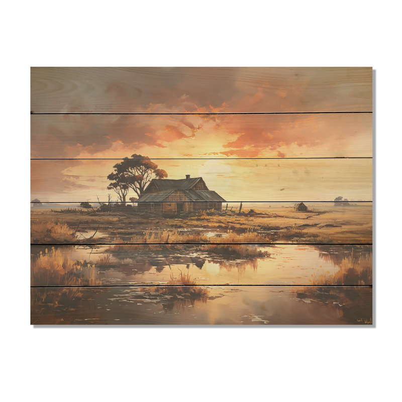 Sunrise Countryside Farm Unveilé - Art mural en bois de ferme sur bois de pin naturel, H 24 po x l 32 po
