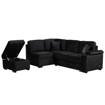 Canapé-lit noir de 220 cm avec rangement, convertible 2 en 1 pour chambre à coucher. Structure en contreplaqué, revêtement en velours élégant et confortable. Parfait pour le salon, la chambre ou un appartement.
