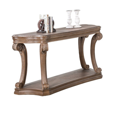 Transitional Style Solid Wood Table With Scroll Legs, Open Shelf, And Dentil Moldings, Weathered Oak, 54 Inches Long 20 Deep For Living Room Decor Arrangement Traditional In Wide 30 Tall Furnishing