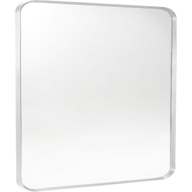 Miroir de salle de bain à cadre en métal argenté, miroir de meuble-lavabo de coin rectangulaire arrondi en nickel brossé, antirouille, verre trempé (30 po x 36 po, argent)