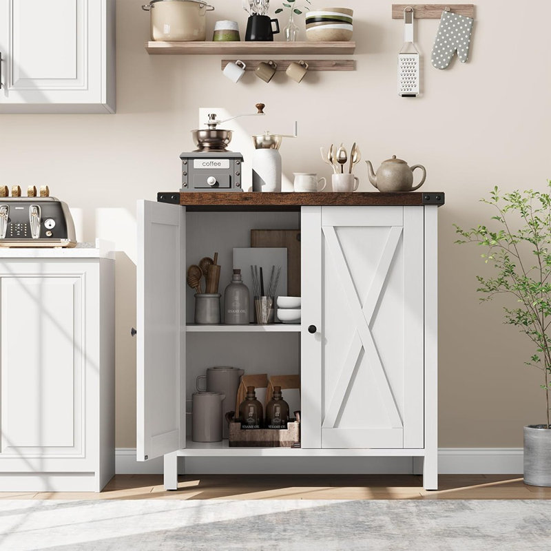 Buffet Farmhouse Buffet, petite armoire de rangement avec 2 portes et tablettes réglables, console de vestibule décorative pour le salon, la salle à manger, blanc et brun