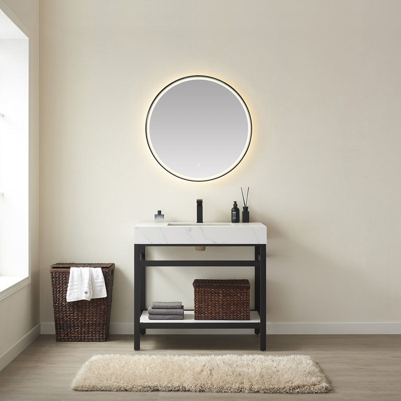36'' Single Bathroom Vanity with Stone Top, Snow Mountain White, Matte Black, Matte Black
