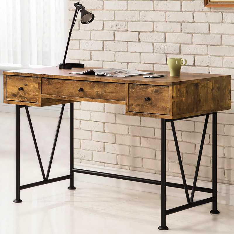 Bureau rustique antique couleur muscade et noir, 3 tiroirs de rangement pour bureau à domicile, bureau brun 3 pièces avec accents, espaces élégants