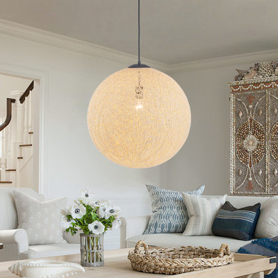 Luminaire suspendu sphérique tissé à la main 19,7 po, abat-jour sphérique en fil beige naturel avec auvent noir mat, hauteur réglable pour la salle à manger de l'îlot de cuisine, base E26
