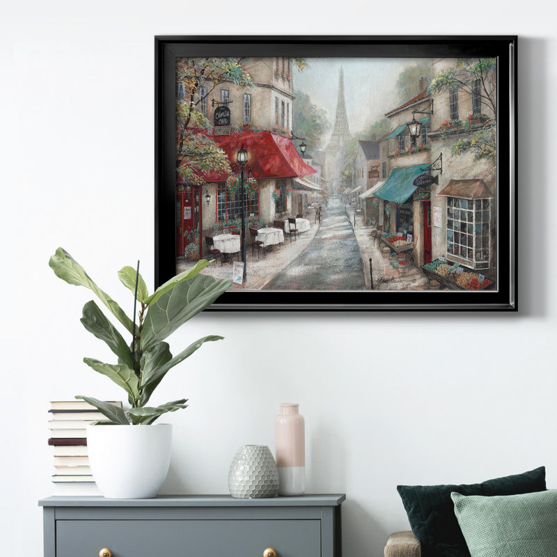 «Eiffel View From Charlie's café», toile encadrée de qualité supérieure - prête à être accrochée, Noir