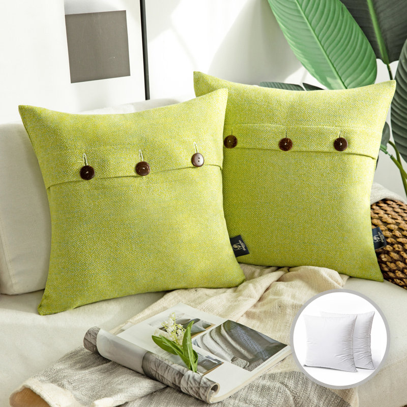 Linen Square 18" Throw Pillow with Coconut Shell Button Closure, 18" x 18", Polyester, Yellow Green
