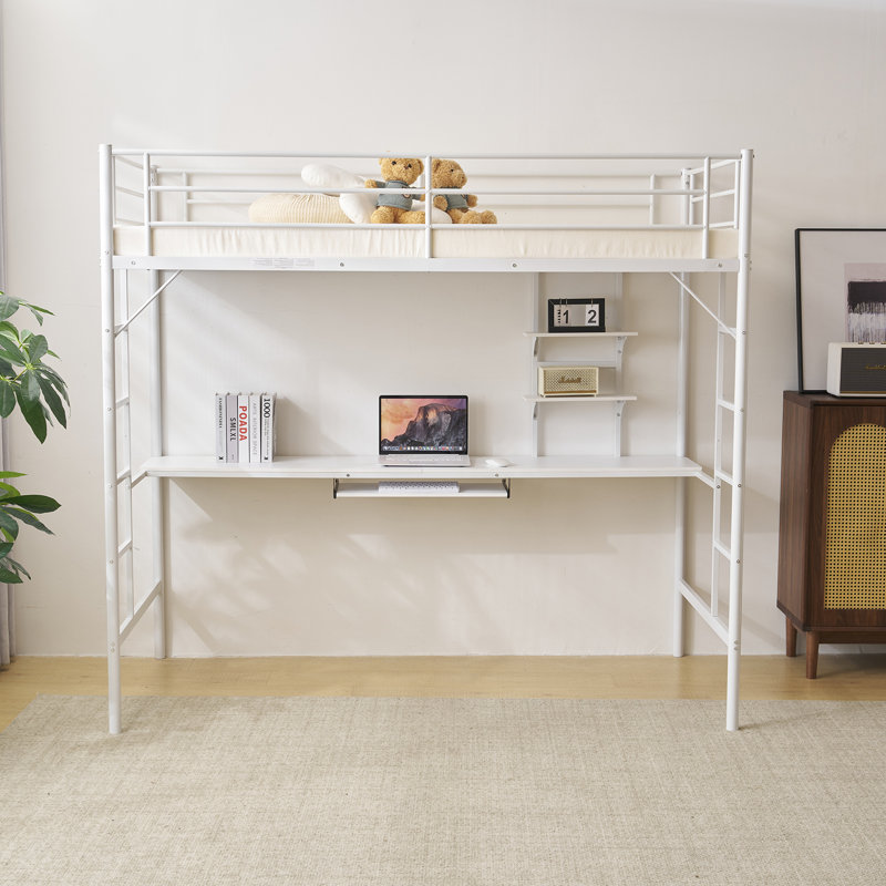 Twin Size Metal Loft Bed With Desk And Storage Shelves, 2 Built-In Ladders, White