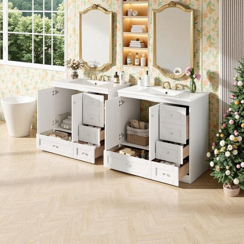 Meuble-lavabo autoportant de 72 pouces avec double évier en céramique à fermeture en douceur et 8 tiroirs de style shaker