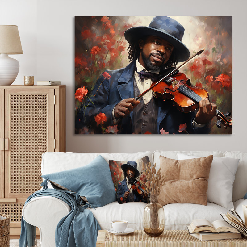 «African Jazz Musician I» - Art mural art afro-américain, Toile tendue, H 24 po x l 32 po x P 1 po