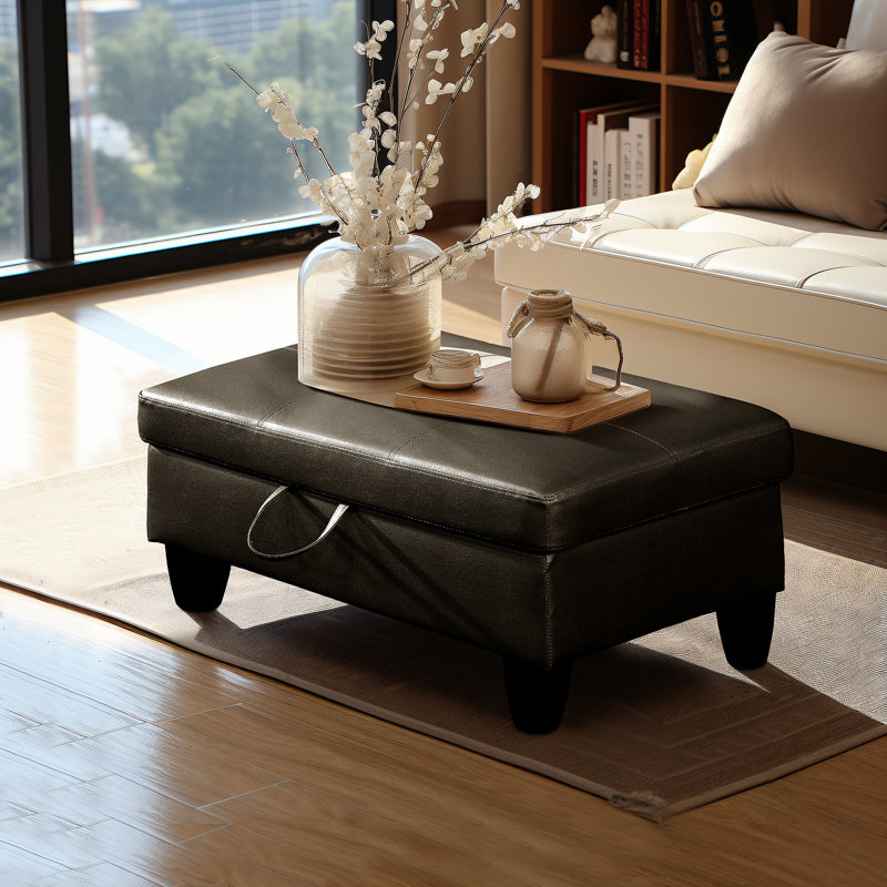 28.5" Wide Black Faux Leather Storage Ottoman, Rectangular Footrest with Tufted Top, Multi-Use Stool for Living Room, Bedroom & Entryway