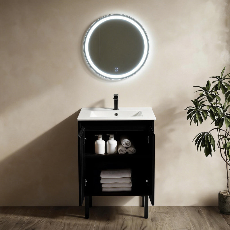 Meuble-lavabo autoportant Valdren de 24 po avec lavabo en céramique intégré, Noir, 24