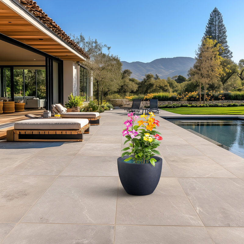 Grand pot / pot rond en béton avec trous de drainage, Gris granite, 13" H x 17.32" W x 17.32" D