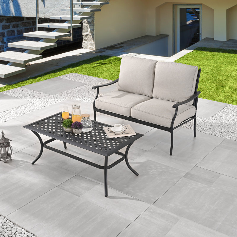 2-Piece Outdoor Metal Loveseat And Coffee Table Patio Chat Set, Gray