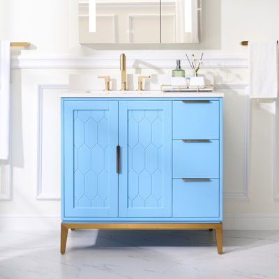 35'' H X 36'' W Solid Wood Bath Vanity with Stain-resistant Carrera White Quartz Top and Single Sink