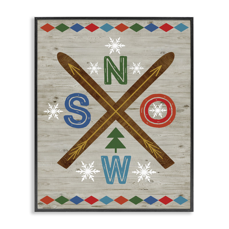 Hiver, neige et skis croisés, estampe numérique, conception de Nina Seven, H 14 po x l 11 po, Giclée encadrée noir minuit