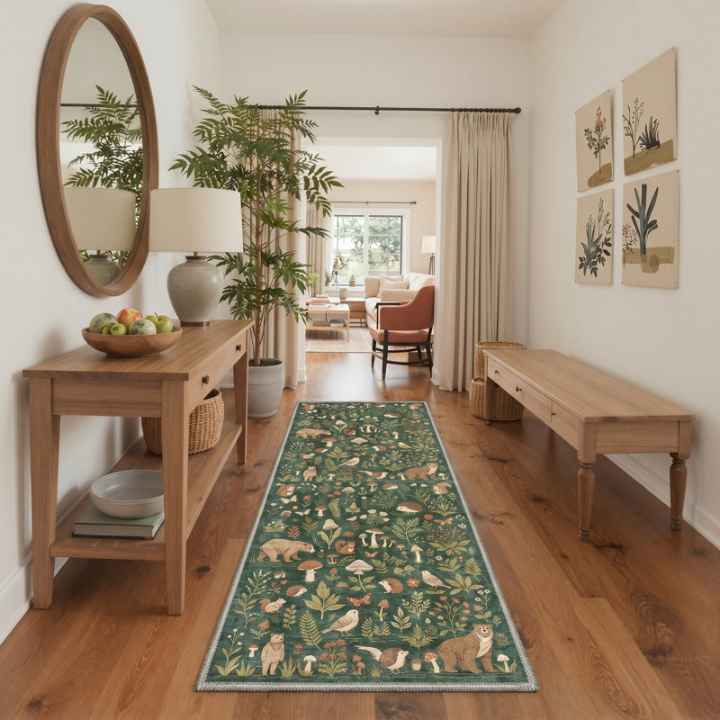 Bungalow Rose Faunawood Machine Washable Non-Slip Woodland Creatures Mushroom Area Rug, Runner 2'3" x 6'