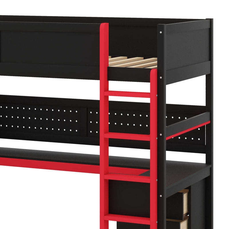 Lit mezzanine simple en bois à des fins de jeu, comprenant des escaliers pour le rangement, un bureau intégré, des tablettes et un panneau perforé