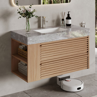 36'' Single Bathroom Vanity with Gray Stone Top, Wall Mounted Vainty with Two Drawers and Open Shelf, Multi-layer solid Wood cabinet