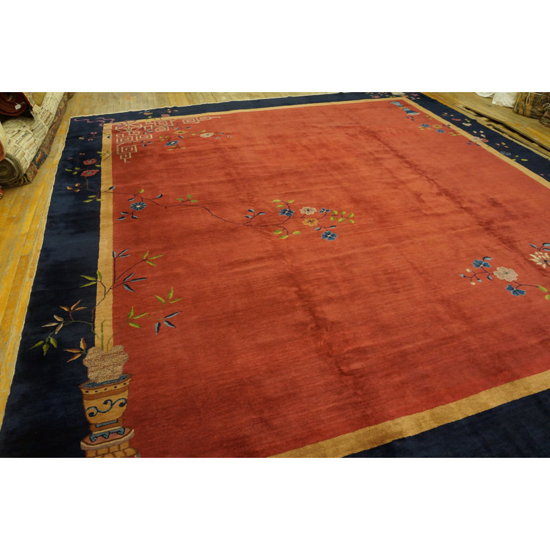 Tapis bleu / rouge / rouge en laine taille antique Art Deco