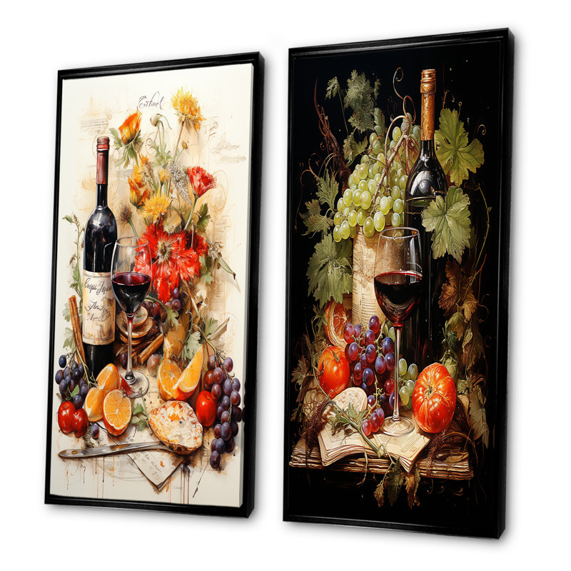 «French Red Wine Tempting Harmony», ensemble d'art mural sur toile 2 pièces, Cadre noir, H 32 po x l 33 po